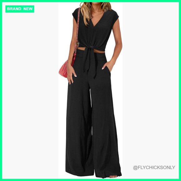 Polyester 2-Piece Pant Set with V-Neck Crop Top and Wide Leg Pants